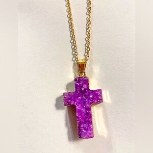Purple Druzy Cross Pendant Necklace